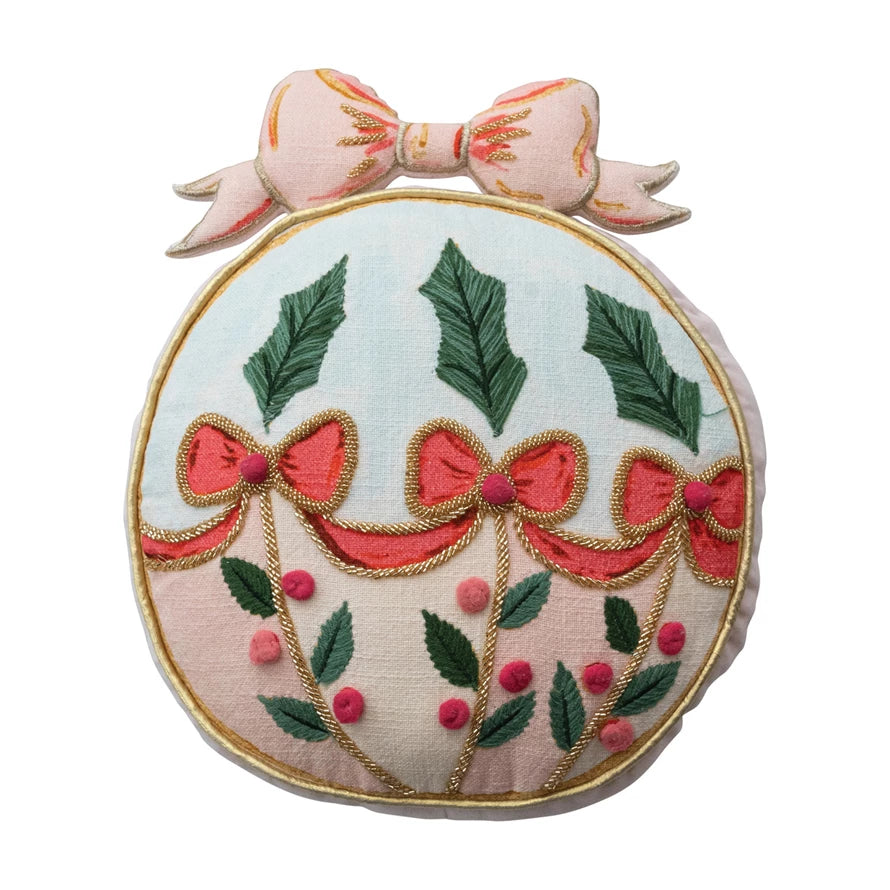 Ornament Shaped Pillow w/ Embroidery & Velvet Back